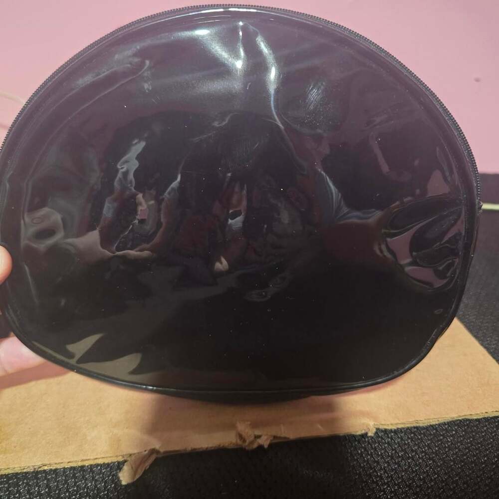 Black Vinyl Cosmetic Makeup Bag Zip Around Red Interior